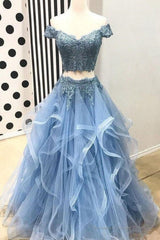 Dusty Blue Two Piece Off Shoulders Ruffles Skirt Prom Dress
