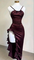 Sexy Slit Ruffles Semi Formal Prom Dresses