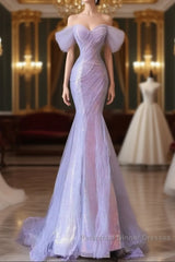 Purple Sweetheart Sequin Beaded Mermaid Long Semi Formal Prom Dress,Purple Tulle Train Semi Formal Prom Gown
