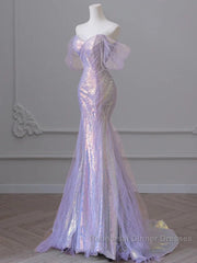 Purple Sweetheart Sequin Beaded Mermaid Long Semi Formal Prom Dress,Purple Tulle Train Semi Formal Prom Gown