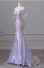 Purple Sweetheart Sequin Beaded Mermaid Long Semi Formal Prom Dress,Purple Tulle Train Semi Formal Prom Gown