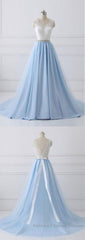 Elegant Long Blue Semi Formal Prom Dress with White Lace Top | Senior School Semi Formal Prom Dress