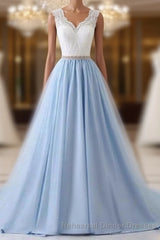 Elegant Long Blue Semi Formal Prom Dress with White Lace Top | Senior School Semi Formal Prom Dress