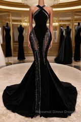 Black Halter Corset Mermaid Semi Formal Prom Dresses Sexy Evening Dresses