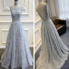 Lace Grey V Back Scoop Neck Prom Dress Formal Dresses for Wedding