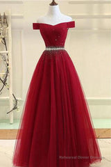 Off Shoulders Red Tulle Floor Length Prom Dress