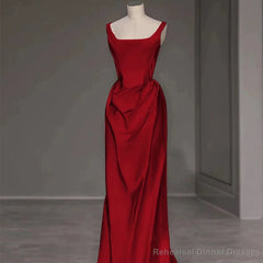 Sexy Mermaid Square Neckline Red Satin Floor Length Prom Dresses