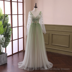 Beautiful Gradient Tulle Green Beaded Long Sleeves Party Dress, Green Formal Dress