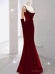 Mermaid Straps Sequin Red Backless Long Prom Dresses