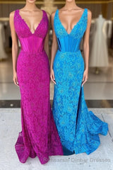 Glitter Navy Mermaid Sweep Train Semi Formal Prom Dress With Slit