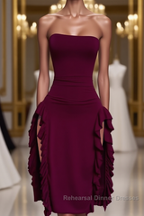 Strapless Midi Length Ruffle Semi Formal Prom Dresses Sexy Evening Dresses