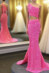 Hot Pink One Shoulder Sequins Semi Formal Prom Dress with Slit