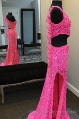 Hot Pink One Shoulder Sequins Semi Formal Prom Dress with Slit