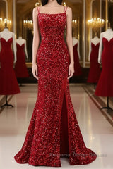 Red Sparkly Mermaid Backless Long Semi Formal Prom Dresses with Fringes