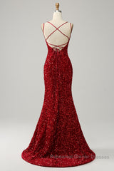 Red Sparkly Mermaid Backless Long Semi Formal Prom Dresses with Fringes