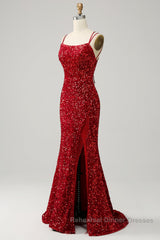 Red Sparkly Mermaid Backless Long Semi Formal Prom Dresses with Fringes