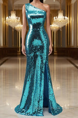 Sparkly Blue Sequins One Shoulder Long Semi Formal Prom Dresses with Slit