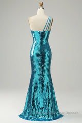 Sparkly Blue Sequins One Shoulder Long Semi Formal Prom Dresses with Slit