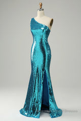 Sparkly Blue Sequins One Shoulder Long Semi Formal Prom Dresses with Slit