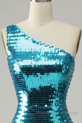 Sparkly Blue Sequins One Shoulder Long Semi Formal Prom Dresses with Slit