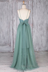 A Line Backless Lace Green Long Semi Formal Prom Dresses, Backless Green Lace Formal Graduation Evening Dresses