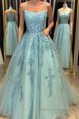 A Line Backless Lace Long Sky Blue Semi Formal Prom Dresses, Backless Sky Blue Lace Formal Dresses, Sky Blue Evening Dresses