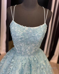 A Line Backless Lace Long Sky Blue Semi Formal Prom Dresses, Backless Sky Blue Lace Formal Dresses, Sky Blue Evening Dresses