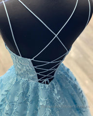 A Line Backless Lace Long Sky Blue Semi Formal Prom Dresses, Backless Sky Blue Lace Formal Dresses, Sky Blue Evening Dresses