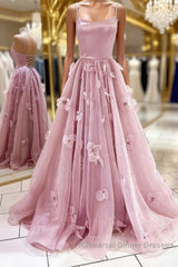 A Line Backless Pink Floral Long Semi Formal Prom Dresses, Pink Floral Formal Graduation Evening Dresses