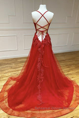 A Line Backless Red Lace Long Semi Formal Prom Dresses, Long Red Lace Formal Dresses, Red Evening Dresses