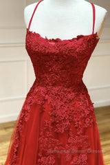 A Line Backless Red Lace Long Semi Formal Prom Dresses, Long Red Lace Formal Dresses, Red Evening Dresses