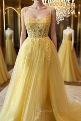 A Line Backless Yellow Lace Floral Long Semi Formal Prom Dresses with High Slit, Open Back Yellow Lace Formal Dresses, Yellow Lace Evening Dresses