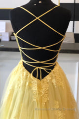 A Line Backless Yellow Lace Floral Long Semi Formal Prom Dresses with High Slit, Open Back Yellow Lace Formal Dresses, Yellow Lace Evening Dresses