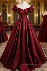 A-Line Ballgown Satin Long Party Dress Off Shoulder Sweetheart Floor Length Semi Formal Prom Dress