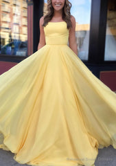 A-line Bateau Spaghetti Straps Sweep Train Chiffon Prom Dresses