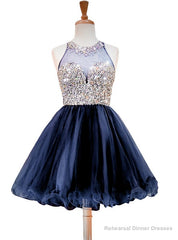 A-line Beaded Crystals Navy Blue Party Homecoming Dress
