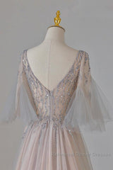 A-Line Beaded V-Neckline Tulle Formal Dress, Puffy Sleeves Long Semi Formal Prom Dress