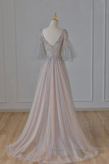 A-Line Beaded V-Neckline Tulle Formal Dress, Puffy Sleeves Long Semi Formal Prom Dress