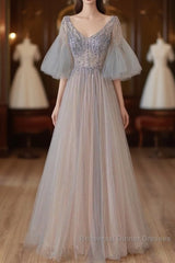A-Line Beaded V-Neckline Tulle Formal Dress, Puffy Sleeves Long Semi Formal Prom Dress