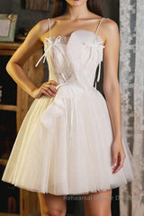 A-Line Beige Tulle Short Semi Formal Prom Dresses, Beige Cute Homecoming Dresses