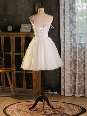 A-Line Beige Tulle Short Semi Formal Prom Dresses, Beige Cute Homecoming Dresses
