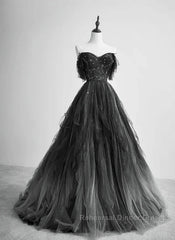 A-Line Black Tulle Ballgown Long Party Dress Beadings Evening Dress Semi Formal Prom Dress