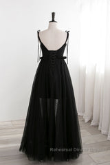 A-Line Black Tulle Long Semi Formal Prom Dresses, Black Formal Evening Dresses