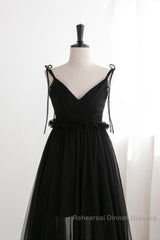 A-Line Black Tulle Long Semi Formal Prom Dresses, Black Formal Evening Dresses