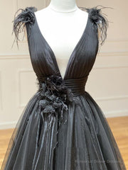 A Line Black V Neck Tulle Long Prom Dress