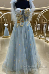 A-Line Blue And Gold Appliqed Long Formal Dress Semi Formal Prom Dress