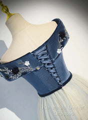 A-Line Blue-Grey Off Shoulder Long Party Dress, Tulle And Velevet Long Semi Formal Prom Dress