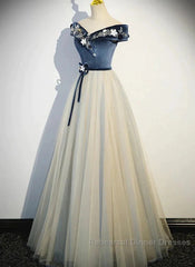 A-Line Blue-Grey Sequins Off Shoulder Long Party Dress Velevet Long Semi Formal Prom Dress