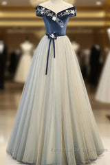 A-Line Blue-Grey Sequins Off Shoulder Long Party Dress Velevet Long Semi Formal Prom Dress