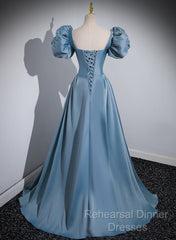 A-Line Blue Satin Short Sleeves Long Party Dress, Blue Short Sleeves Semi Formal Prom Dress